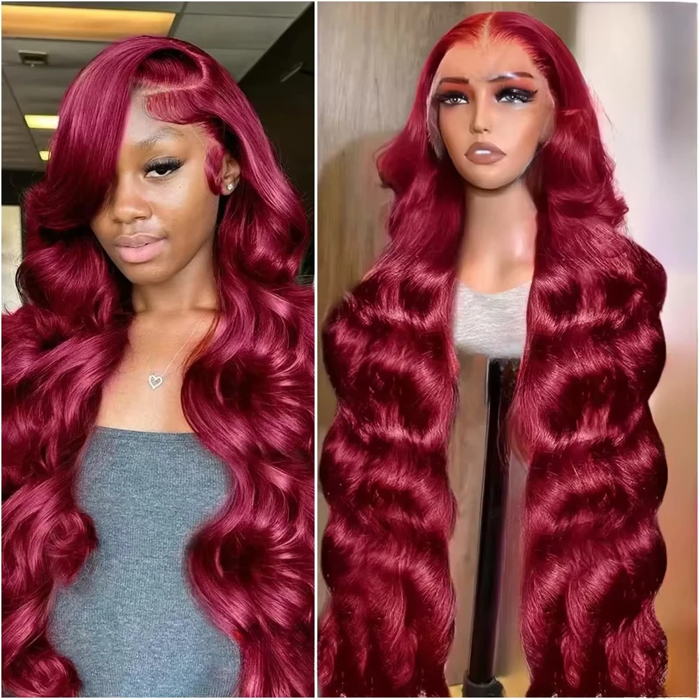 

13x6 HD Transparent Body Wave 99j burgundy Lace Frontal Human Hair Wig 30 Inch 13x4 Lace Front Wig PrePlucked For Women