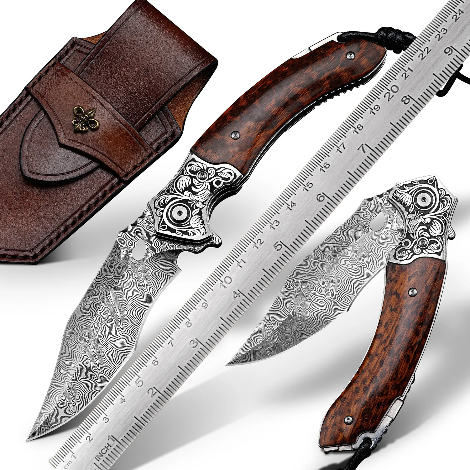 Spirit Deed VG10 Damascus Steel Folding Knife, EDC Pocket Knife with Holster, Outdoor Camping Hiking Fishing Tool for Men Gift
