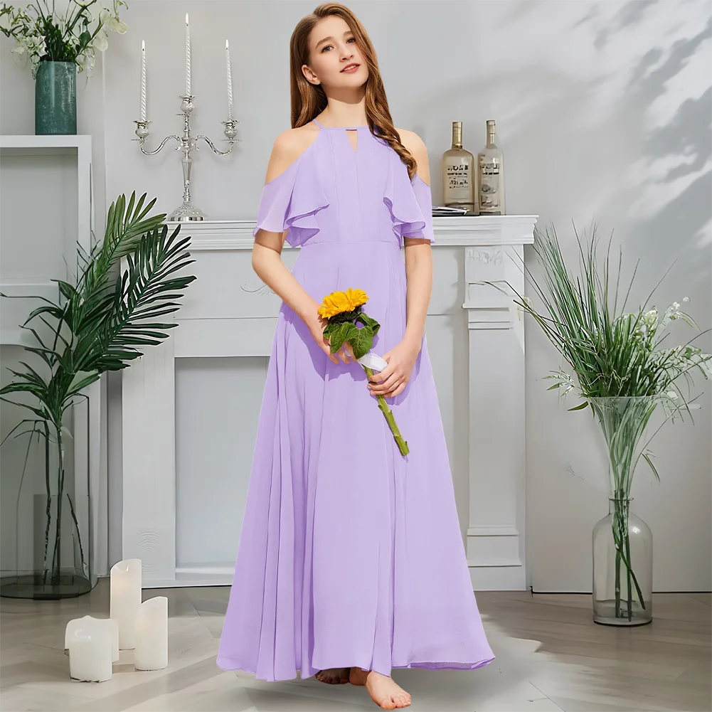 ホルター ジュニア ブライズメイド ドレス ミスティ ブルー フラワー ガール ドレス フロアレングス シフォン カスケード フリル レイヤー 結婚式