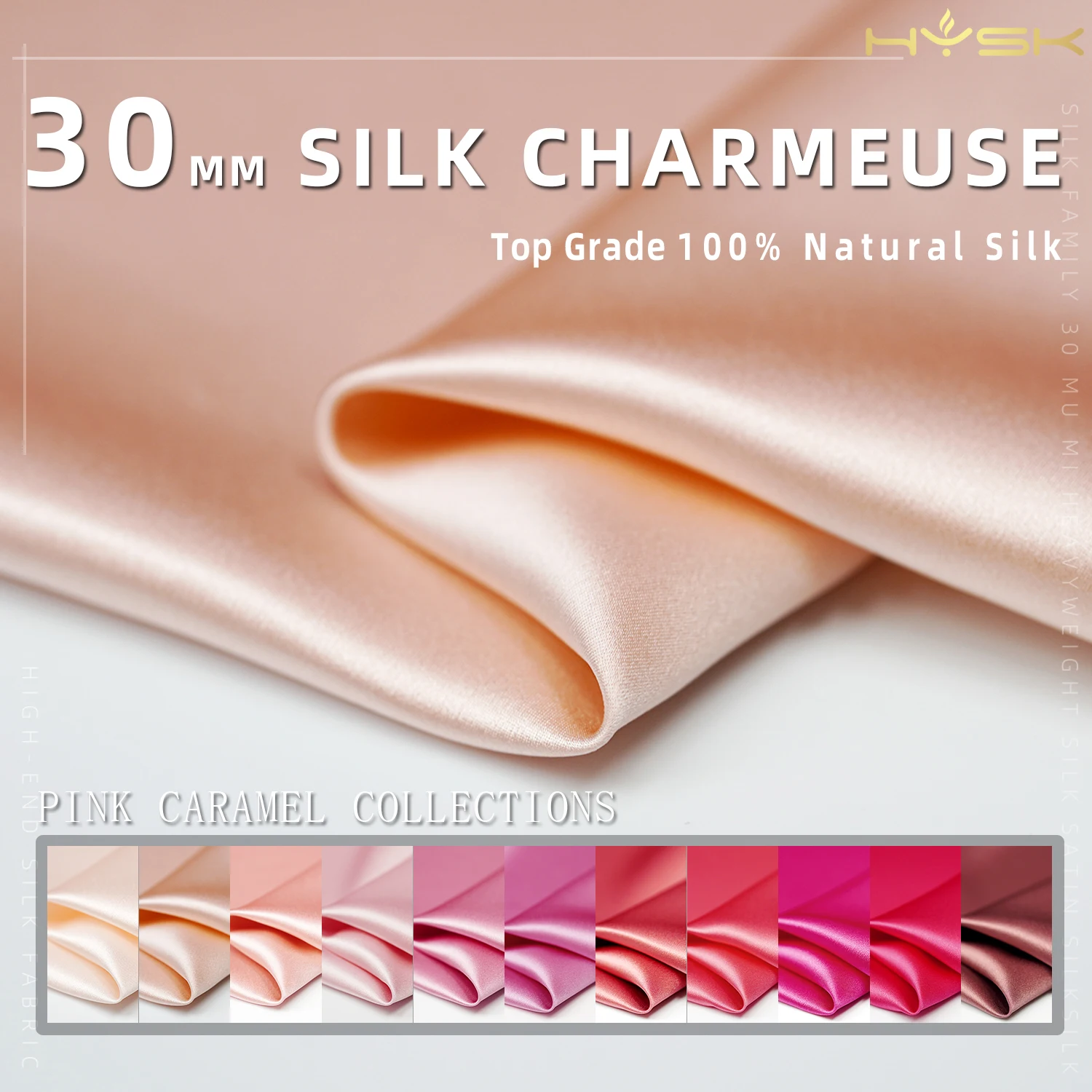 HYSK 100% charmeuse silk fabric 30mm heavy density equsite silk original pure top grade genuine silk pink blue caramel color