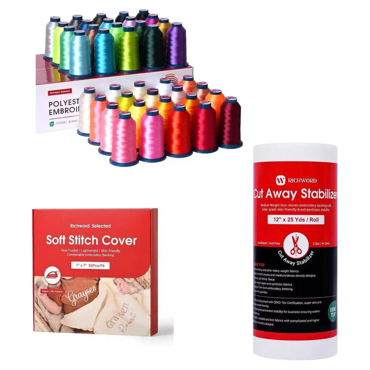 Poolin Richword Embroidery Supplies Bundle – 40 Colors 4000M Thread Set + Cut Away Stabilizer (12 X 25Y) + Soft Stitch Cover, Apparel Embroidery Kit for Consistent, Professional Results