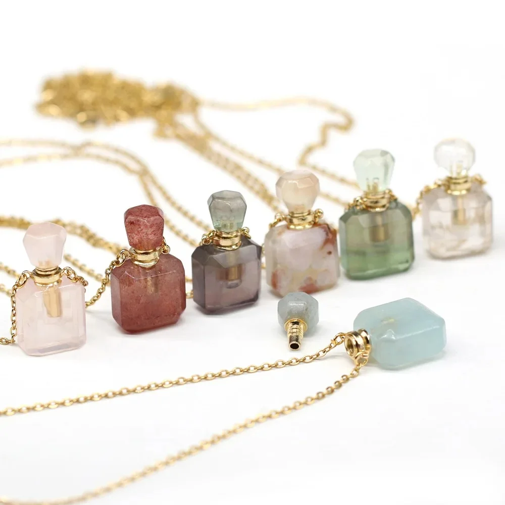 Diffuseur d'huiles essentielles pour femme, bouteille de parfum, collier pendentif, pierre naturelle, aigue-marine, cristal, colliers de la présidence, cadeau de bijoux, mode