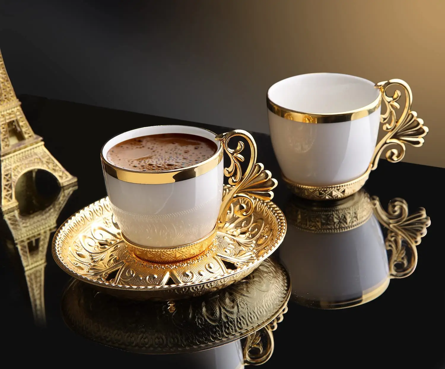 Turkish Greek Arabic Coffee Espresso Demitasse Cup Saucer Spoon Set (White - Gold)