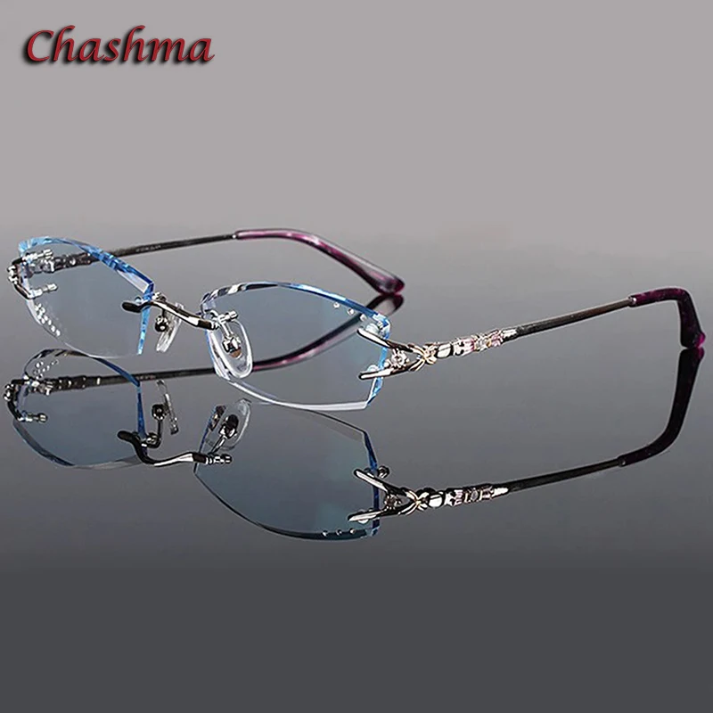 Chashma Glasses Titanium Fashionable Famale Fashion Eyeglasses Rimless Spectacle Frames Women Stones Lenses Rhinestone for Women