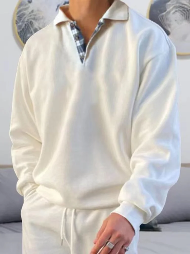 Uomo Solid Simple felpe Fashion Splicing risvolto Pullover felpa con cappuccio Casual England Style Button Design Polo a maniche lunghe