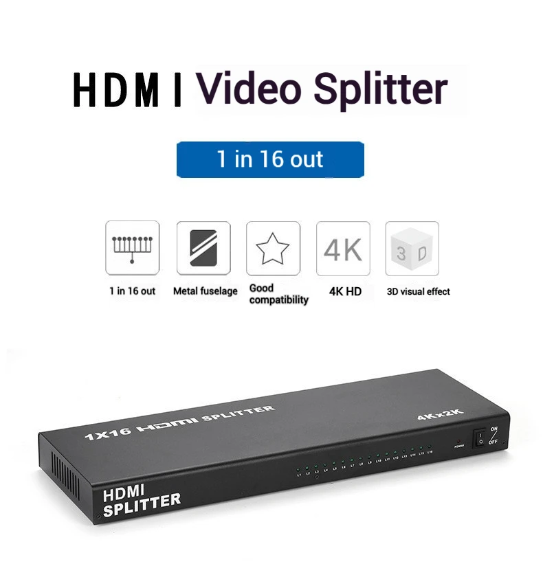 4Kx2K@60Hz HDMI Splitter 1 in 16 out HDMI Video Distributor 1x16 Duplicate Display Converter for Camera Laptop PC to TV Monitor