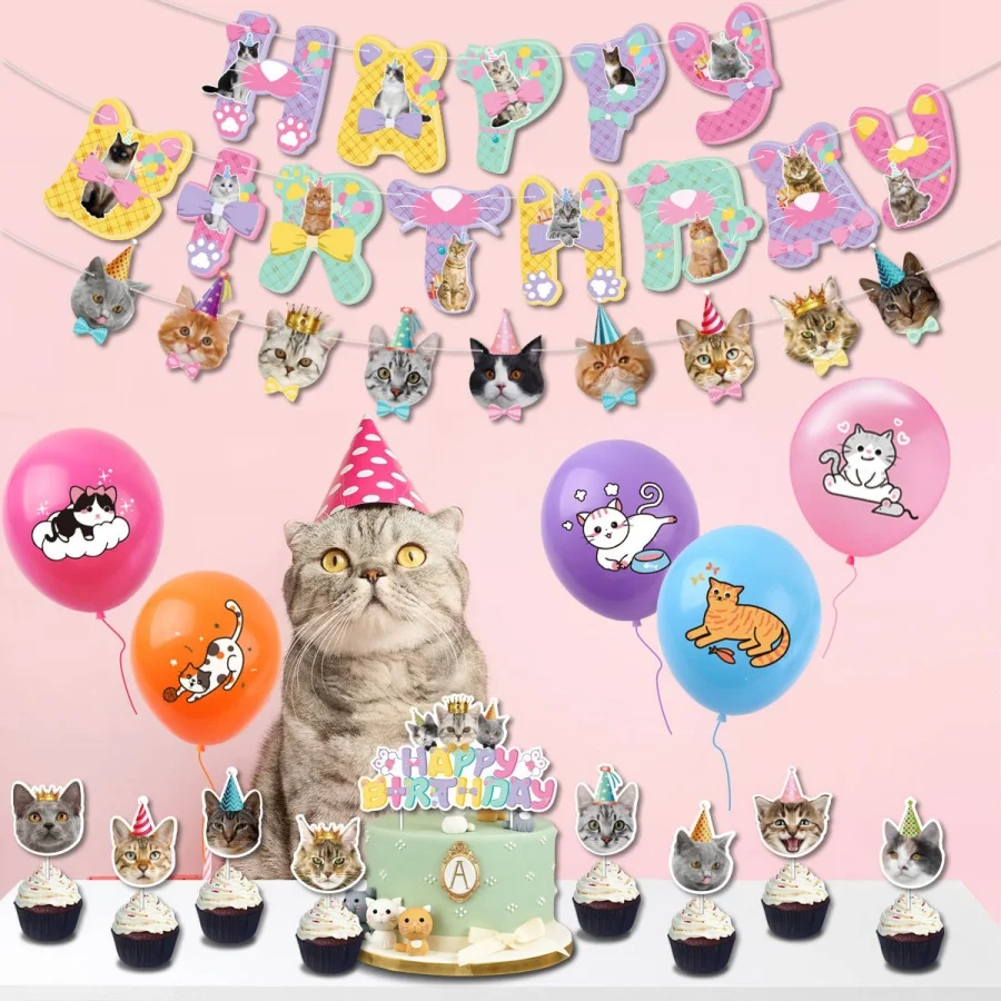 40 pcs cat theme party balloons, cake topper + bunting set for birthday party decoration, theme party scene decoration, etc.