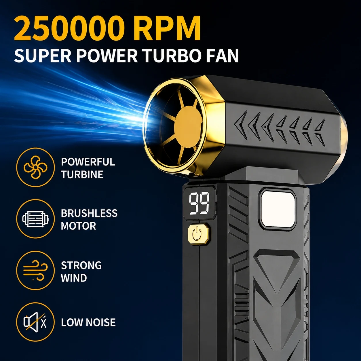250.000 U/min Leistungsstarker Lüfter Elektrischer Haartrockner Tragbarer Staubentferner Typ-C-Ladung 53 m/s Bürstenloser Turbo-Jet-Lüfter 10.000mAh Akku 6-Gang-Stufen ​ ​ Anpassung