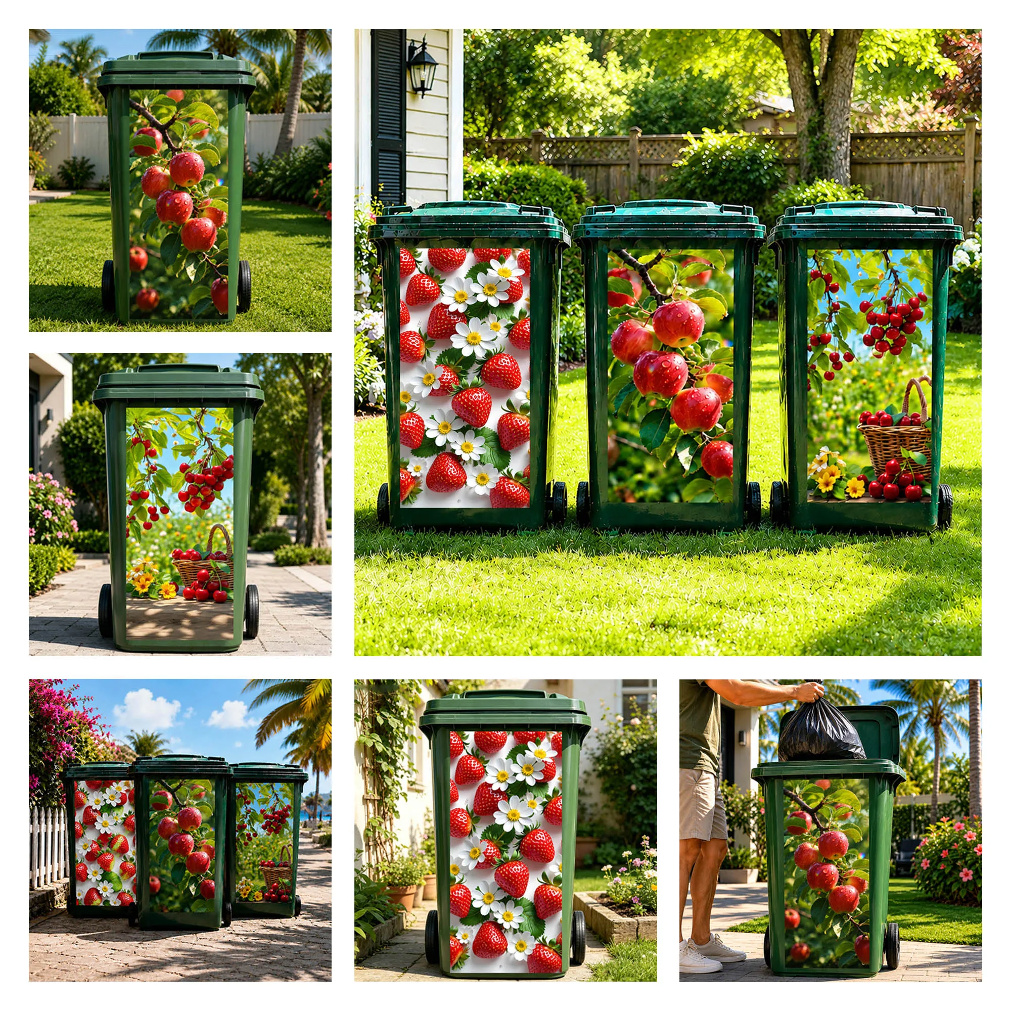 3D Wheelie Bin Stickers Outdoor Trash Can Decoration Summer Fruit Strawberry Apple Cherry Decals Garden Waste Bin Covers Panel
