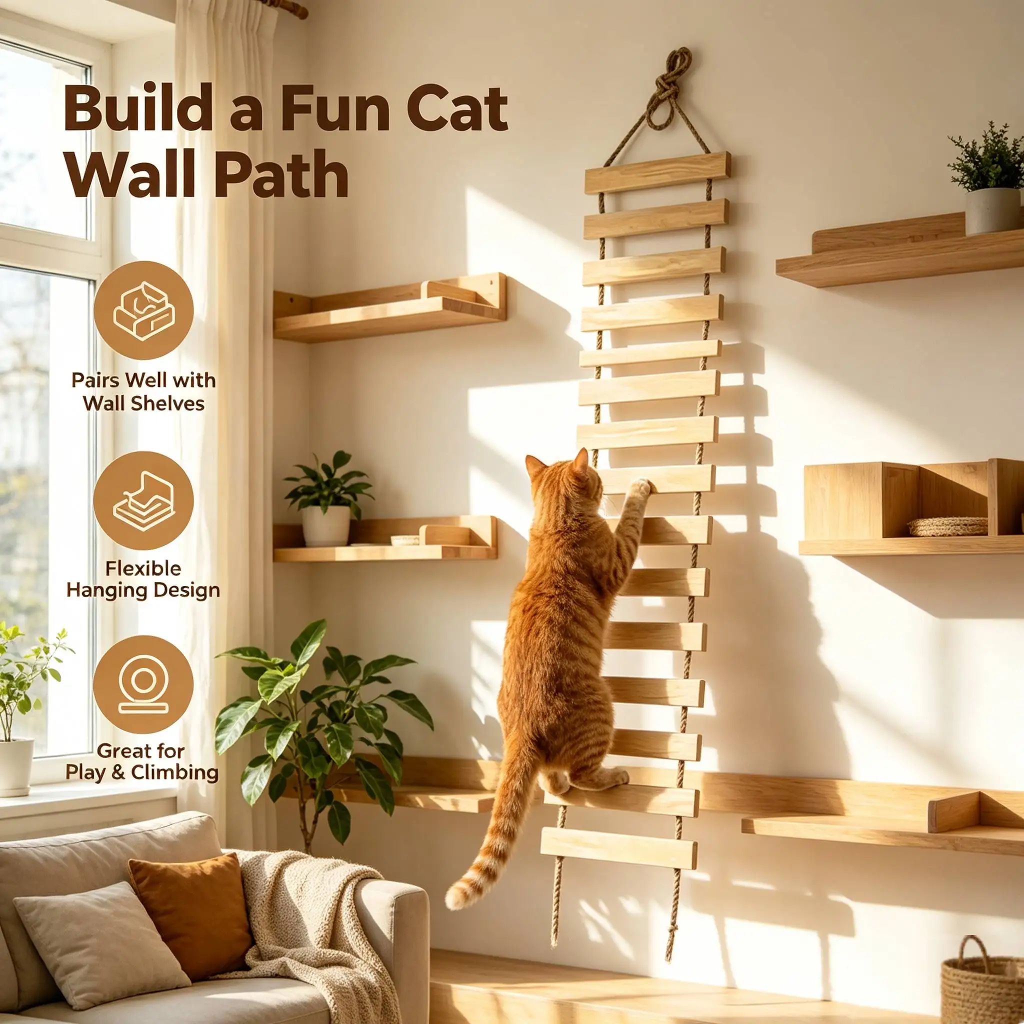 Solid Wood Cat Bridge Ladder, Hanging Rope Cat Climber for Wall Shelves, Cat Condo, Scratching and Play