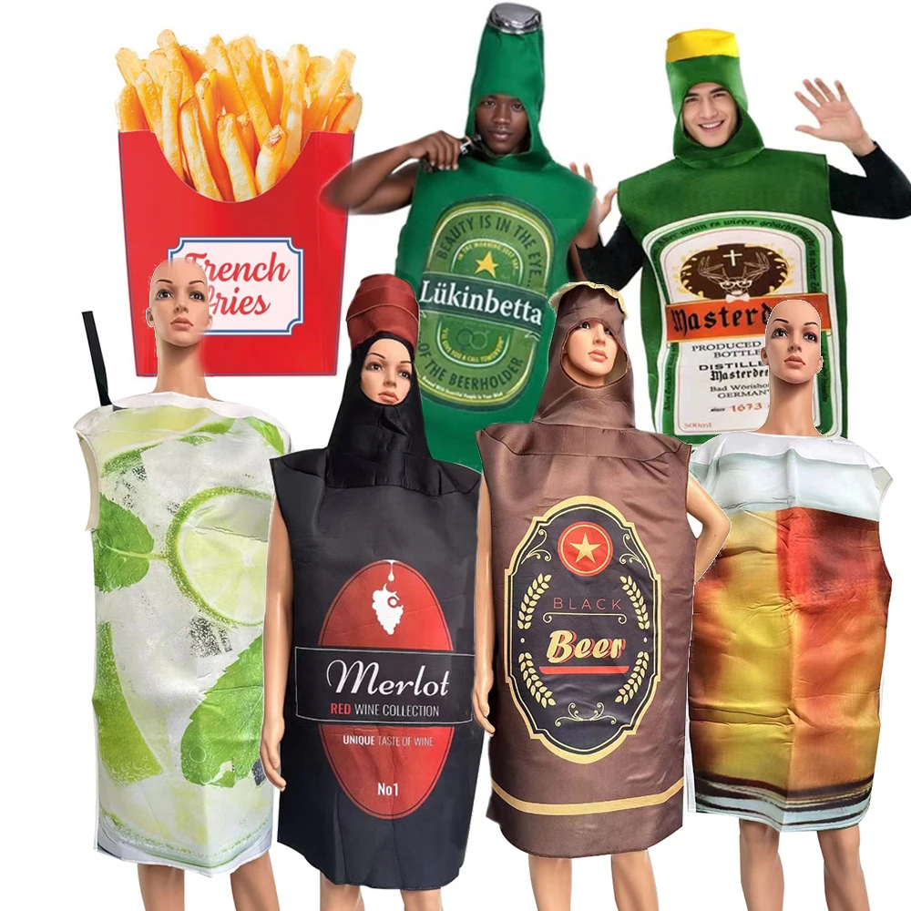 

2025 New Unisex Men's Beer Bottle Fancy Dress Up Tunic Women Beer Glass Mojito Green Wine Bottle Halloween Costume for Adult