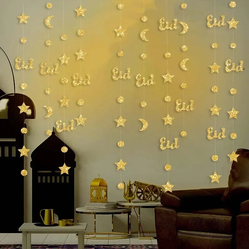 Guirlande de lanterne Ă©toile lune or argent 3M/4M, banderole suspendue pour Ramadan Eid Mubarak, dĂ©coration de la maison, fĂȘte islamique musulmane