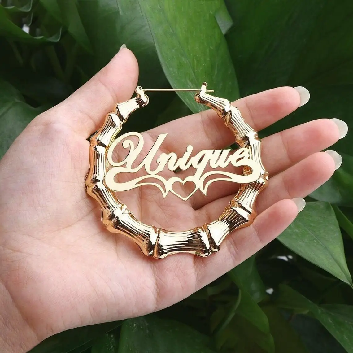Qitian 30mm-100mm Custom Bamboo Hoop Earring For Women Stainless Steel Earrings Bamboo Personality Name Drop Earring Hiphop Sexy