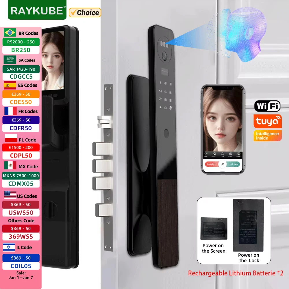 

RAYKUBE MO Tuya WiFi 3D Face Recognition Digital Door Lock With 2*rechargeable batteries Wifi Camera Video Call Tuya APP Unlock