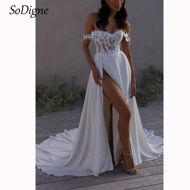 

SoDigne Off Shoulder Wedding Dresses A-line Sweetheart Appliques Bride Gowns Women Split Long Bridal Party Dress robe de mariée