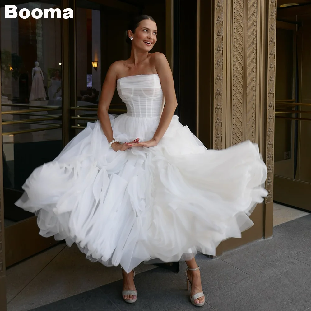 Booma A-Line Midi Wedding Party Dresses Strapless Sleeveless Brides Evening Dresses for Women Tea-Length Bridals Gown Customized