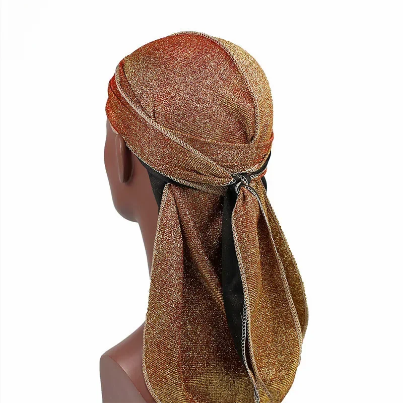 Unisex Mężczyźni Kobiety Błyszczący Jedwab Durag Długi Ogon Oddychający Durag Bandany Turban Kapelusz Fale Czapka Nakrycie głowy Opaska na głowę Du Rags — zdjęcie 2