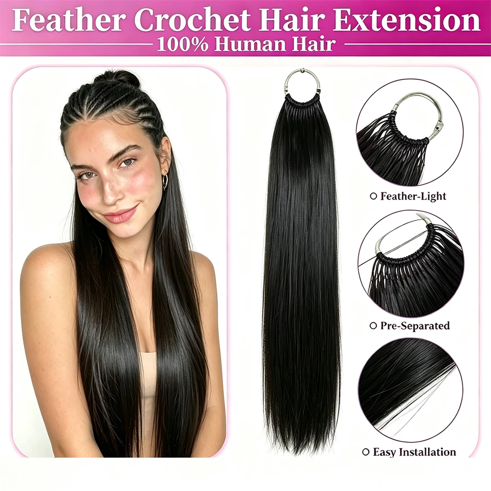 Ganchillo de Plumas Rectas 100% Cabello Humano Negro Natural Pre-Separado Ganchillo de Plumas Invisible Extensiones de Cabello de Ganchillo Cabello Humano Cada paquete contiene 60g. 100 tiras (50 pares) 6