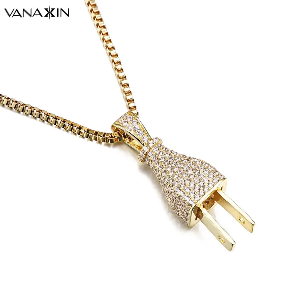 VANAXIN Mens Iced Out Bling Bling Plugs Pendants & Necklaces Gold/Silver Color Charm Micro Pave Full Pave Zicons Hip Hop Jewelry