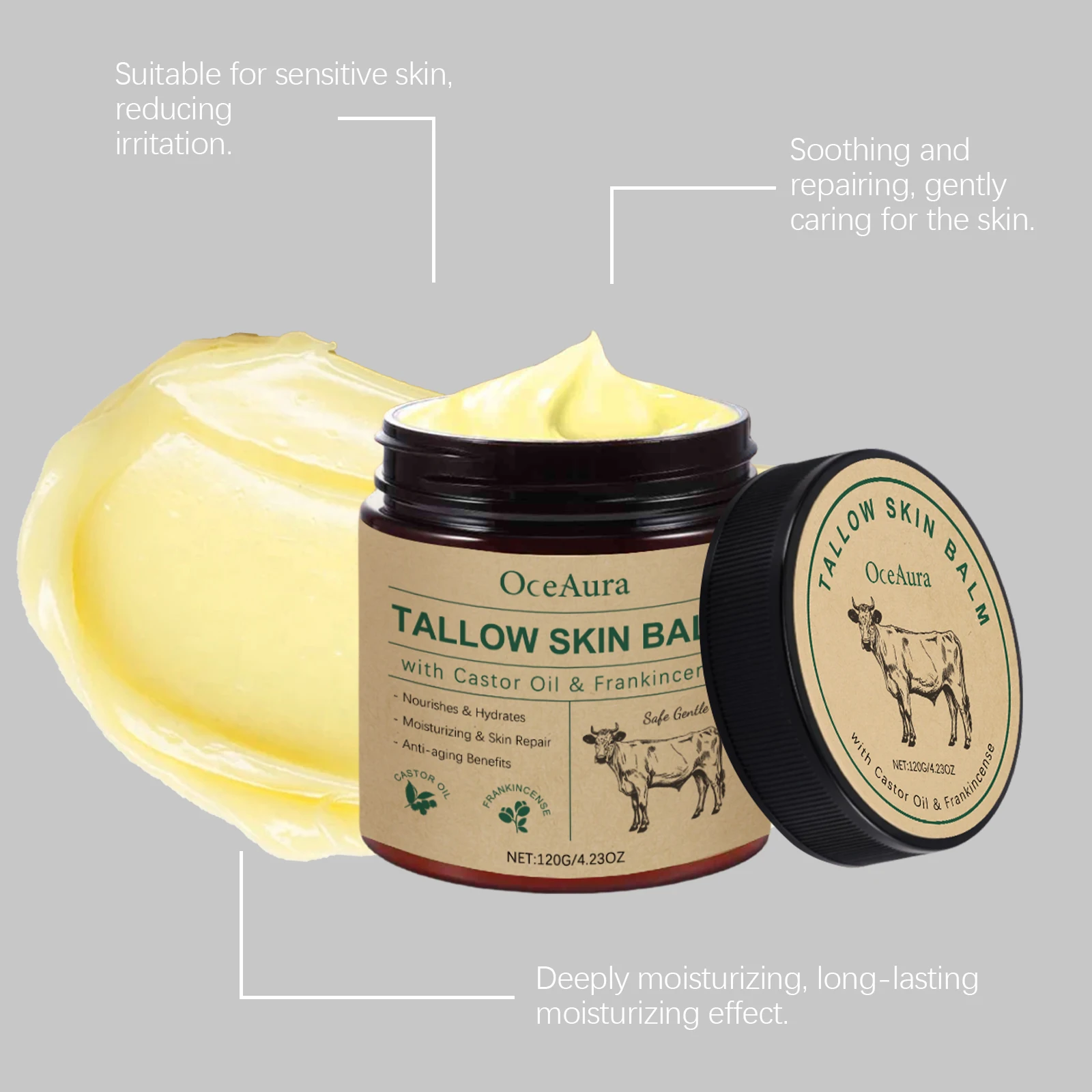 OceAura Tallow Skin Balm Natural Beef Tallow Moisturizing Nourishing Face Soft Smooth Skin Increase Elasticity Improve Dryness Daily Care