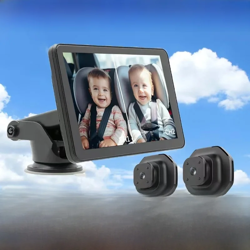 Babyphone de voiture à double objectif 1080P, 3 méthodes d'installation, siège arrière visible, objectif réglable, écran IPS de 5 pouces