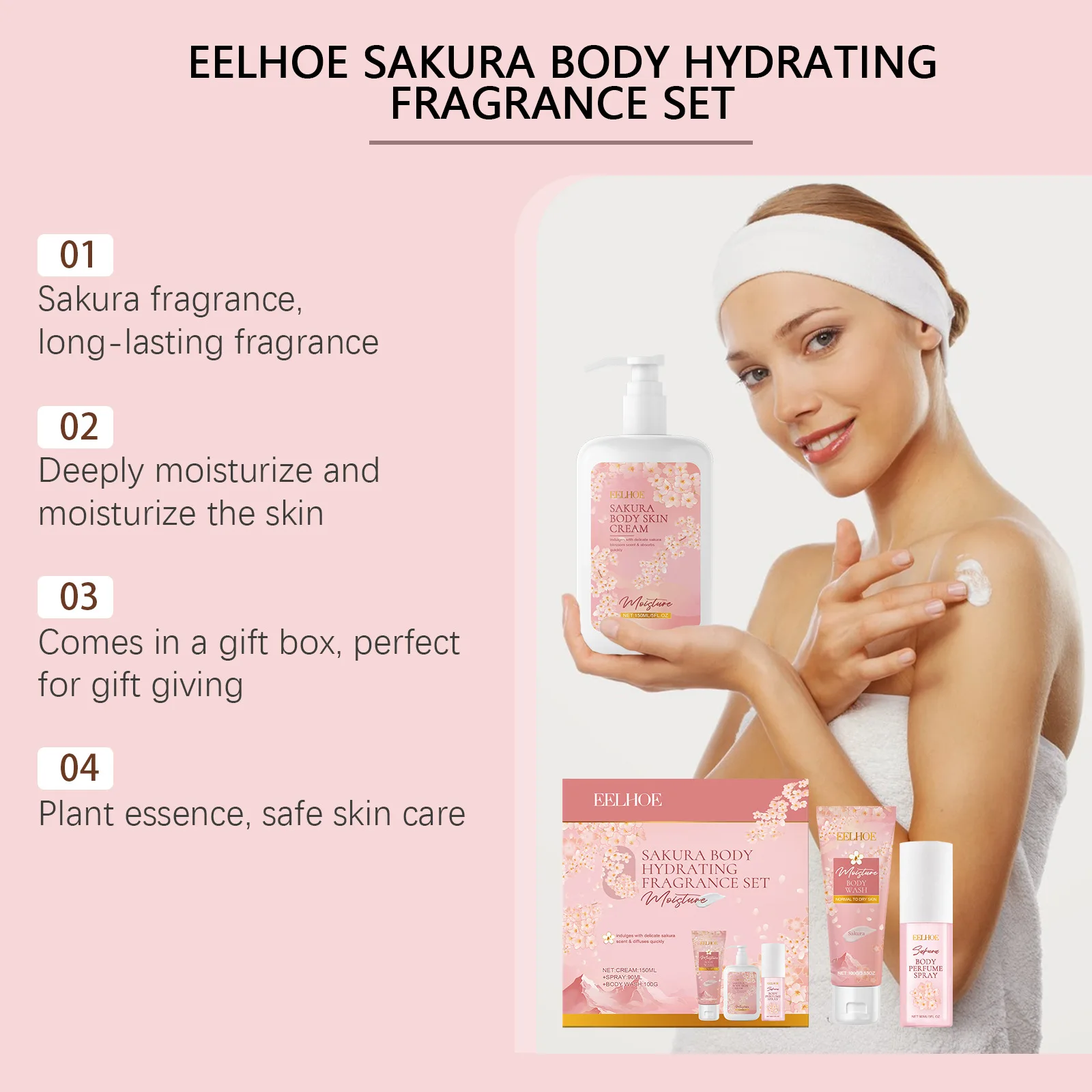 Eelhoe 1set Sakura Body Skincare Set Lasting Moisturizer Brightening Gentle Exfoliating Nourishing Bath Smooth Skin Perfume Set