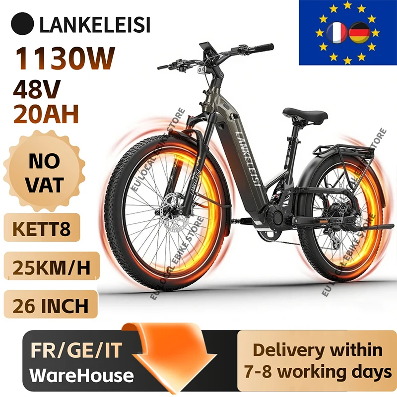 Vélo électrique LANKELEISI KETT8 48V 250W (pic 1130W), batterie 20Ah, autonomie 150 km, capteur de couple, suspension intégrale, pneus 26x3.0