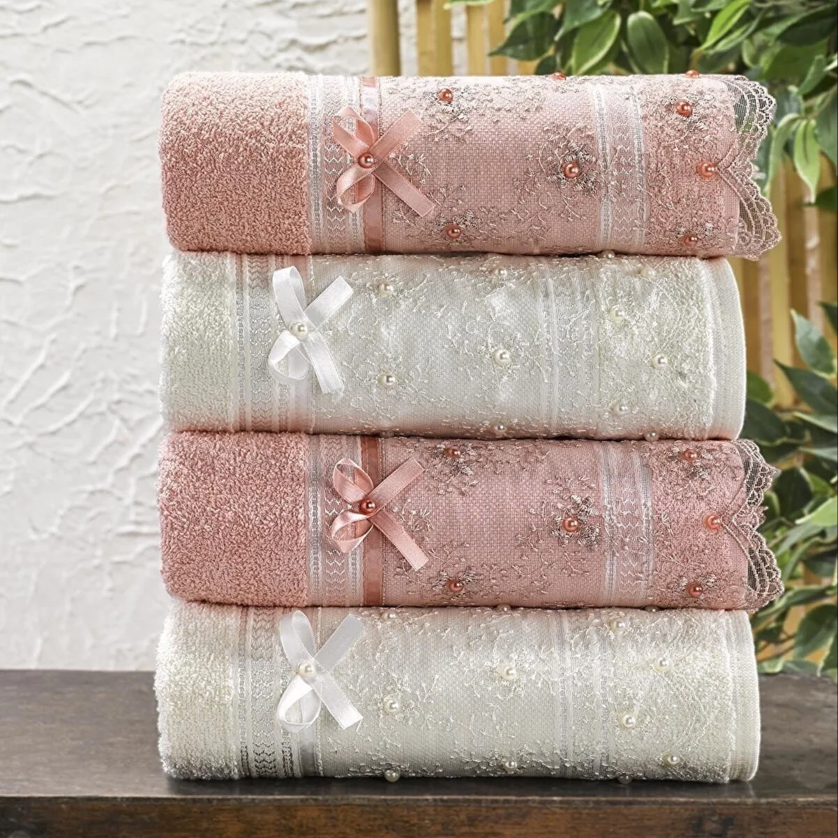 4 Pcs Lacy Guipure Beaded Hair Hand Face Towel Set %100 Cotton 50x90 Cm Turkish Towel High Quality Quick Dry Soft Great Absorben