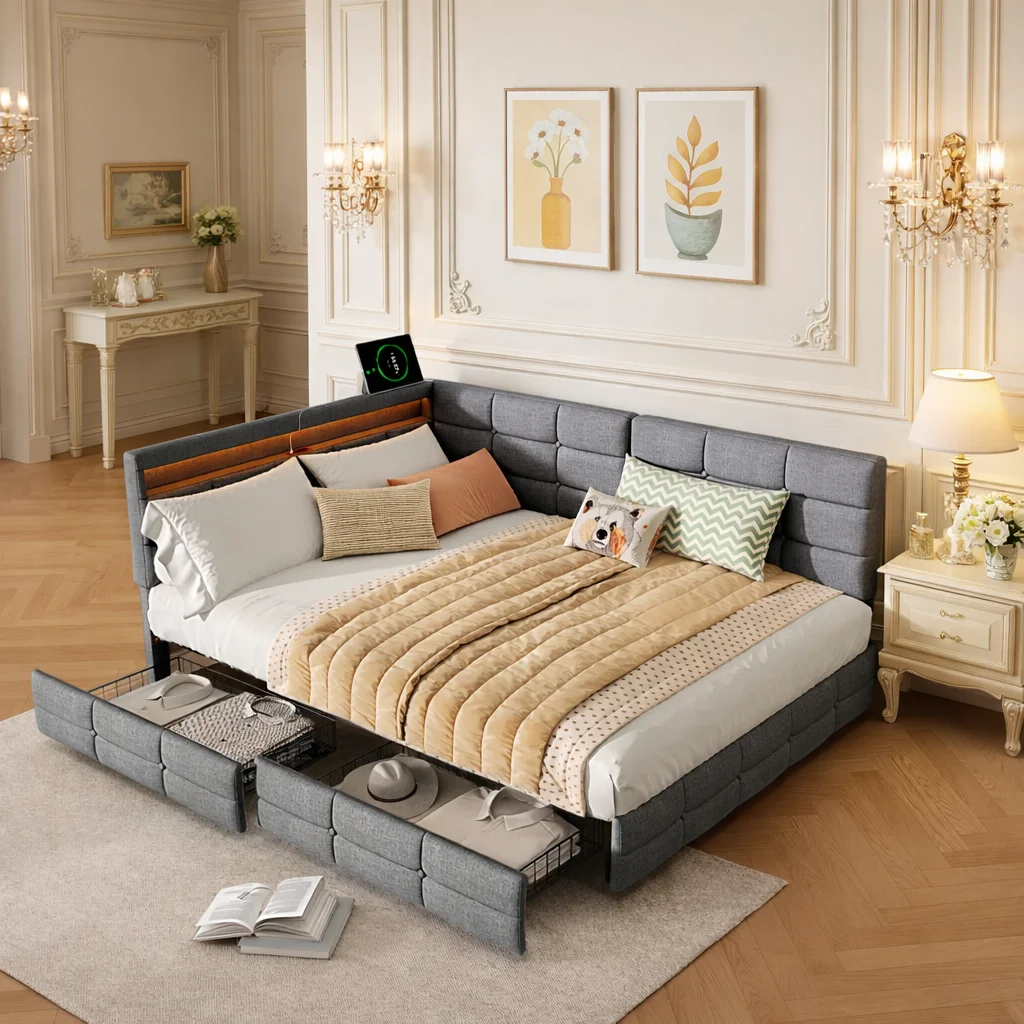 Gestoffeerd bed 140x200 met opberglades, slaapbank met LED en USB-oplader, platformbedframe met lattenbodem, linnen stof, multifunctioneel opbergbed, ruimtebesparend logeerbed, modern design