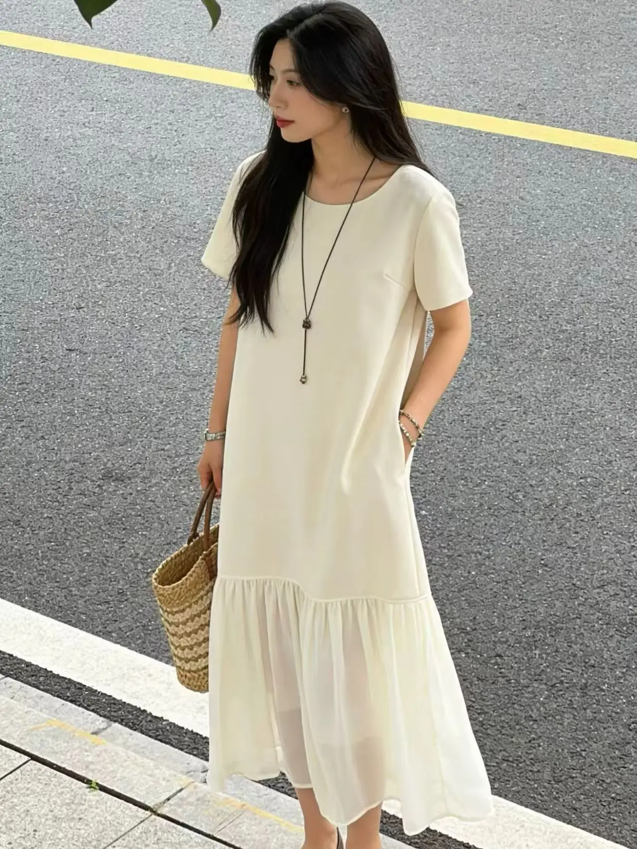 

Elegant short sleeve round neck loose dress