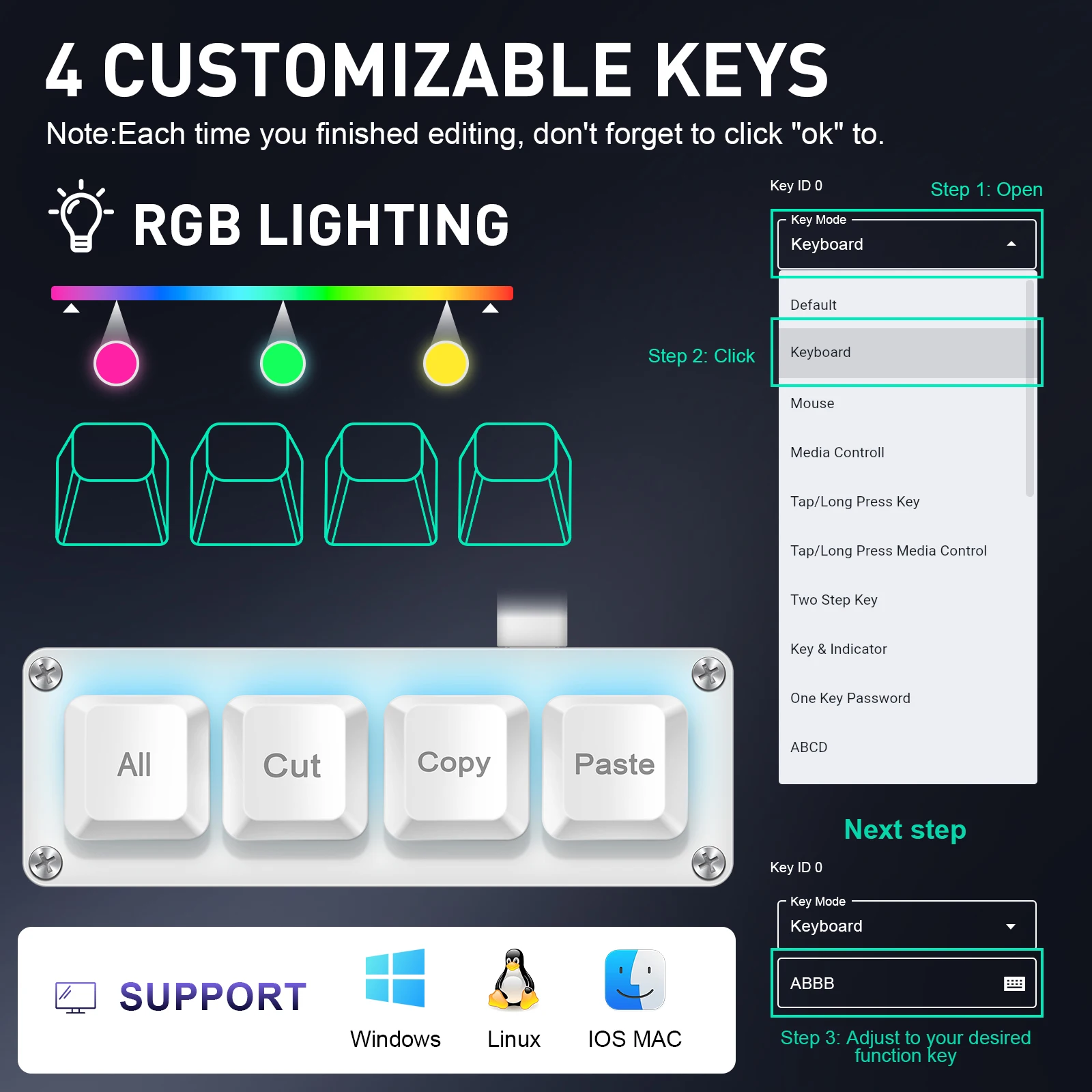 SAYODEVICE 4 Keys Mini Shortcut Key Office Work Macros Keypad OSU Rhythm Game Keypad Gaming USB Wired Keyboard Hot-swappable