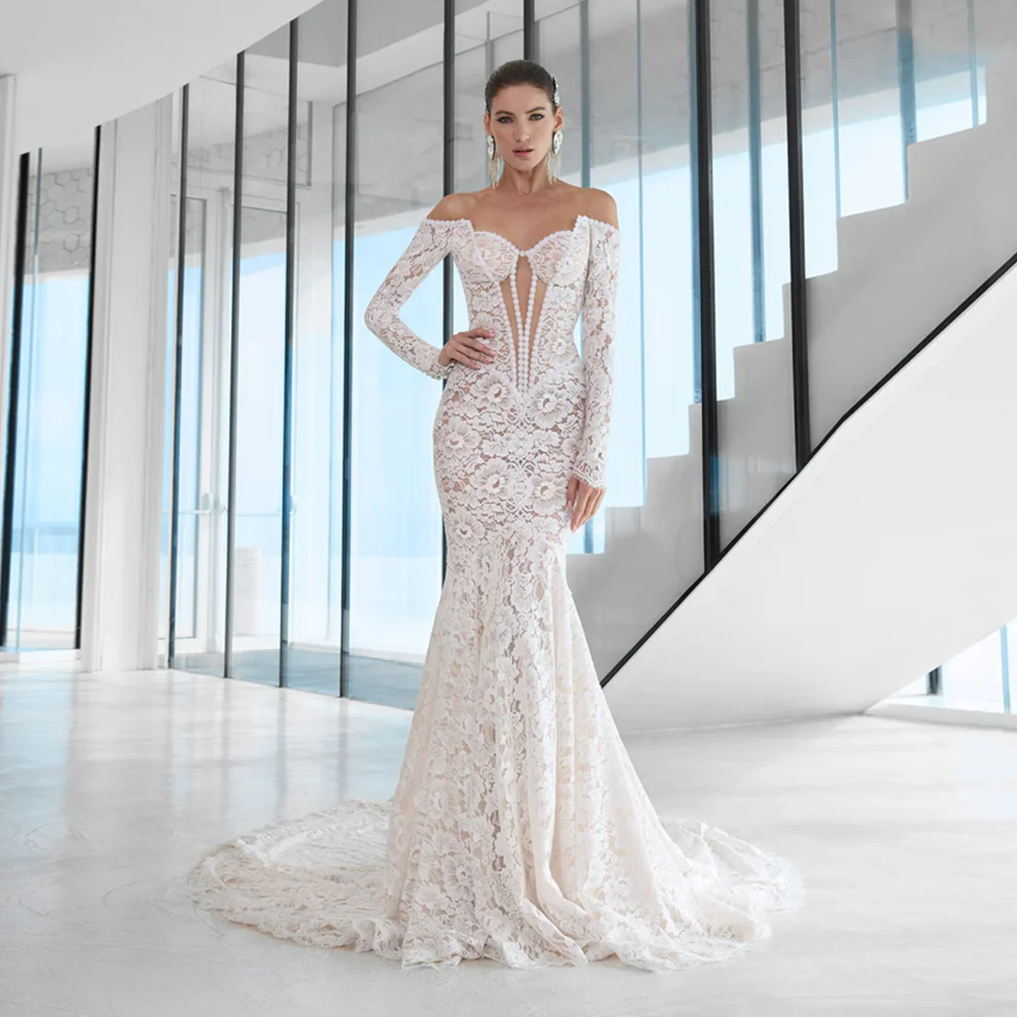 

Шарон Саид Романтическая Русалка Сексуальный Корсет Милая Белое Свадебное Платье 2025 Кружевные Платья Невесты С Длинным Рукавом SW347 Индивидуальные