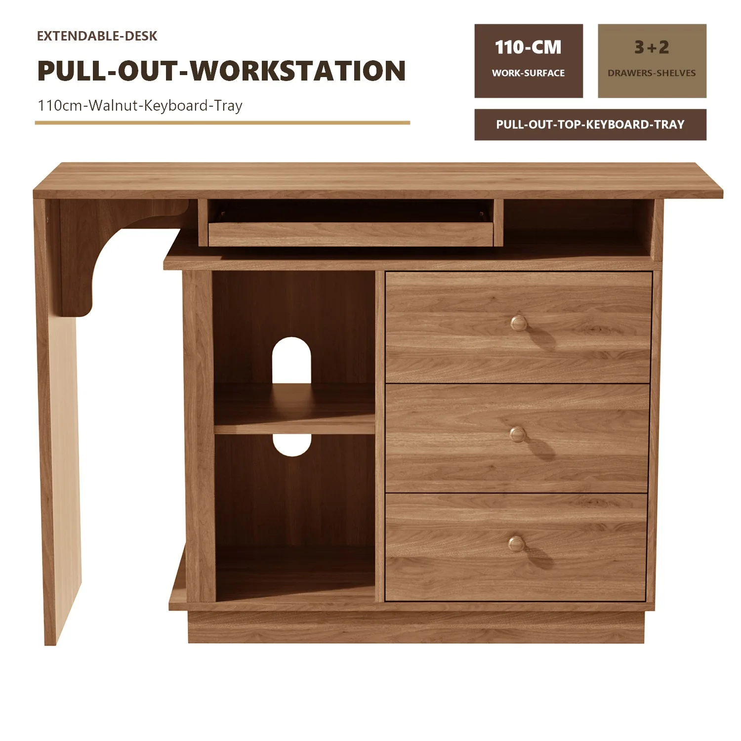 Bureau Ordinateur Extensible Tiroirs, 110cm Plateau Coulissant PC Tiroir Clavier, Meuble 3 Tiroirs Étagères Ouvertes, Poste Travail Gain Place Bureau Maison Chambre Étudiant, MDF Noyer