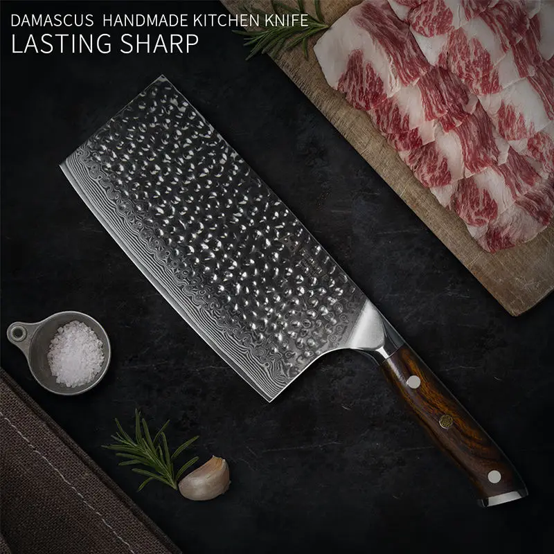

Damascus Cleaver Knife 7 Inch VG10 Kitchen Knife Meat Slicer Vegetable Chopper Ironwood Handle