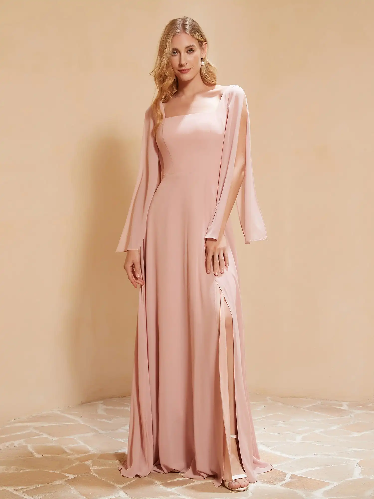 

Square Neckline Ruched Chiffon Bridesmaid Dress With Slit A-line Flutter Sleeves Wedding Cocktail Dresses Pleated Evening Gowns