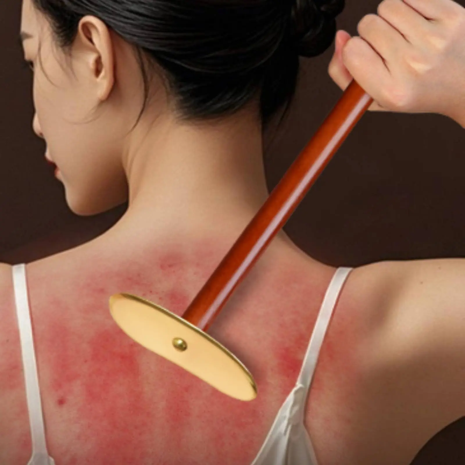 Pure Brass Gua Sha Board Extended Handle Taiji Copper Bian Scraper for Back Neck Shoulder Full Body Self‑Massage Therapy Tool