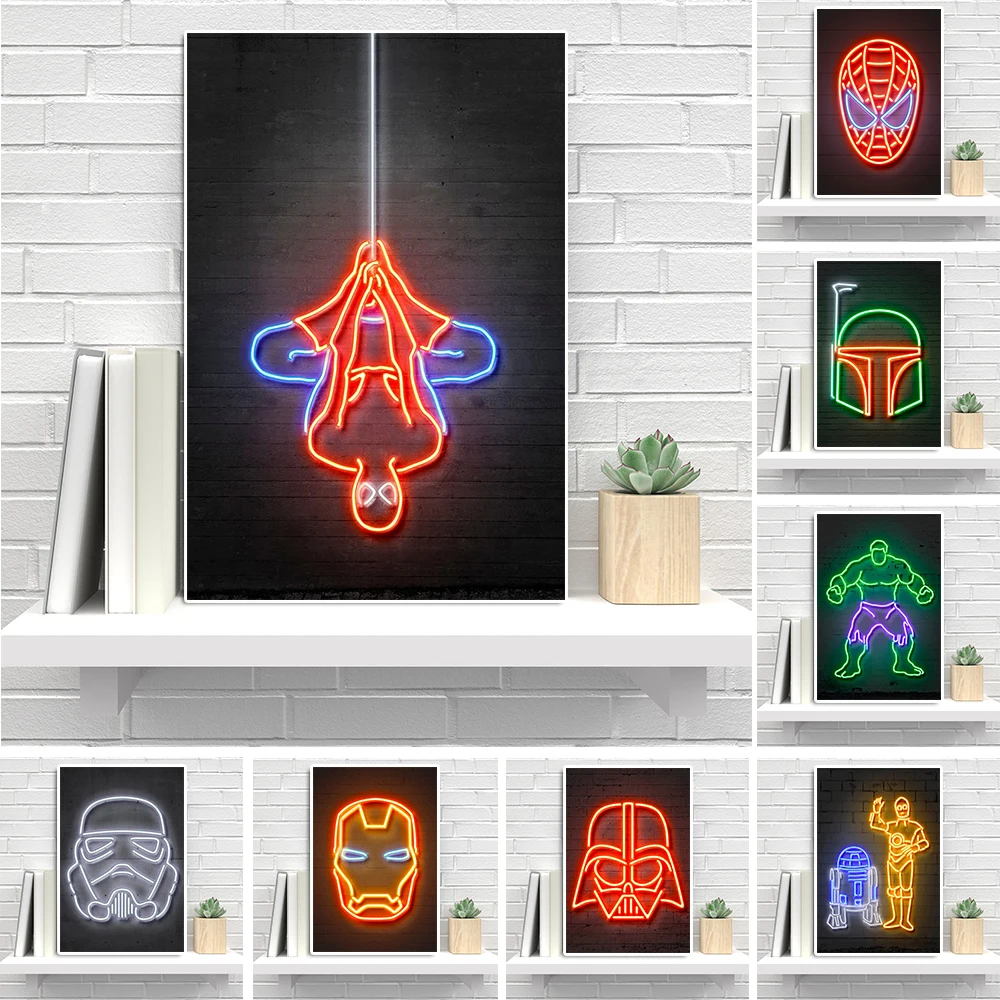 Disney Neon Marvel-Superhero Wall Art Decor Star-Wars Vader Boba Fett Poster Spiderman Canvas Painting Kids Room Decoration Gift