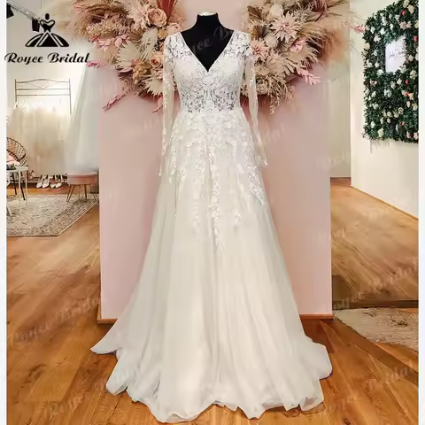 Vintage Long Sleeve Lace Appliques Women Wedding Dress for Bride 2024 V Neck Illusion Wedding Gown vestido noiva casamento civil