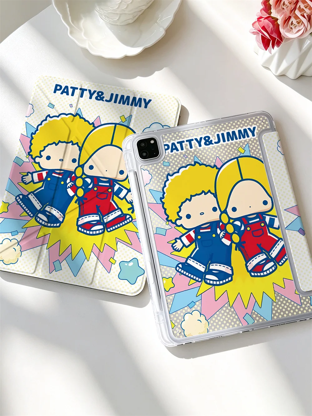Kawaii Patty&Jimmy Cartoon Y-fold Double Print Case For iPad Air6/7/8 Pro11 2020-2022 Air4/5 10 iPad7/8/9 Air3 A16 Pen Slot Shoc