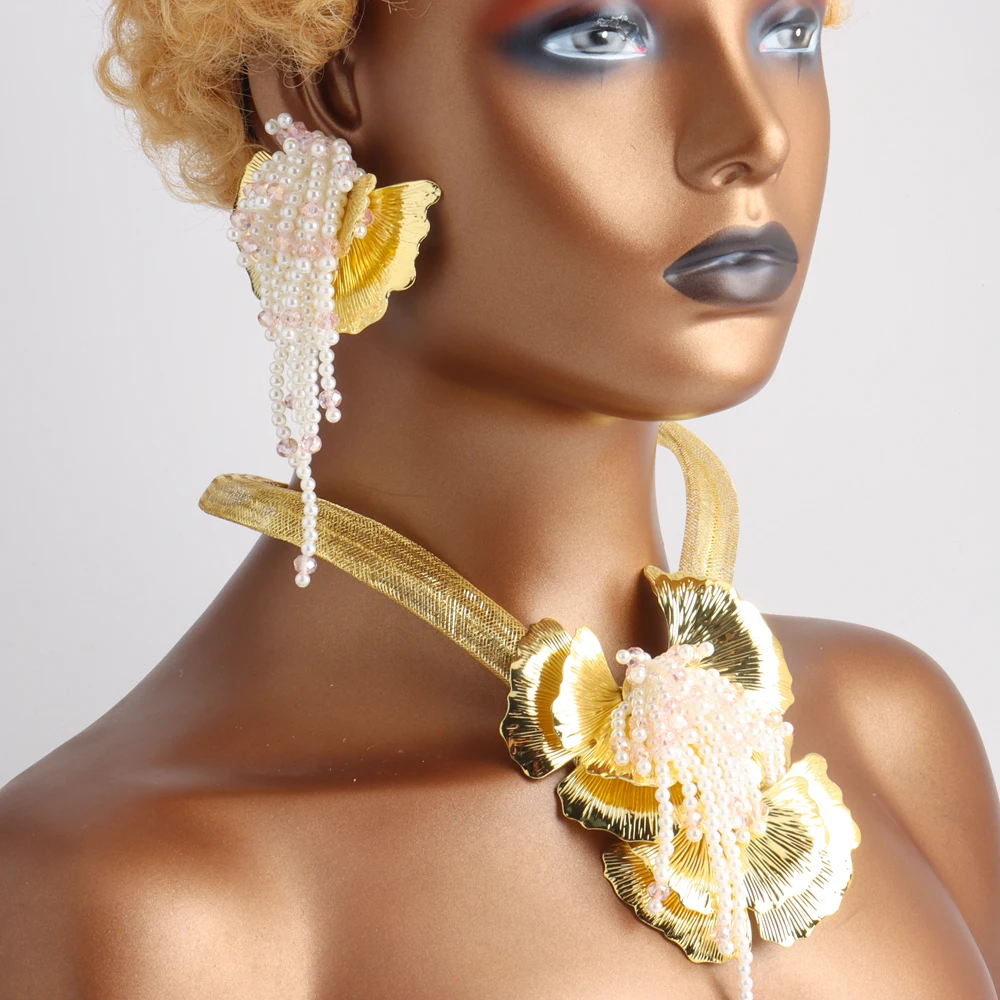 Perlenanhänger und große Ohrringe, Schmuckset für Frauen, Nigeria, Hochzeit, Party, Geschenk, modischer Armreif, Ring, Ohrring-Set, Jewelle – Detail 6