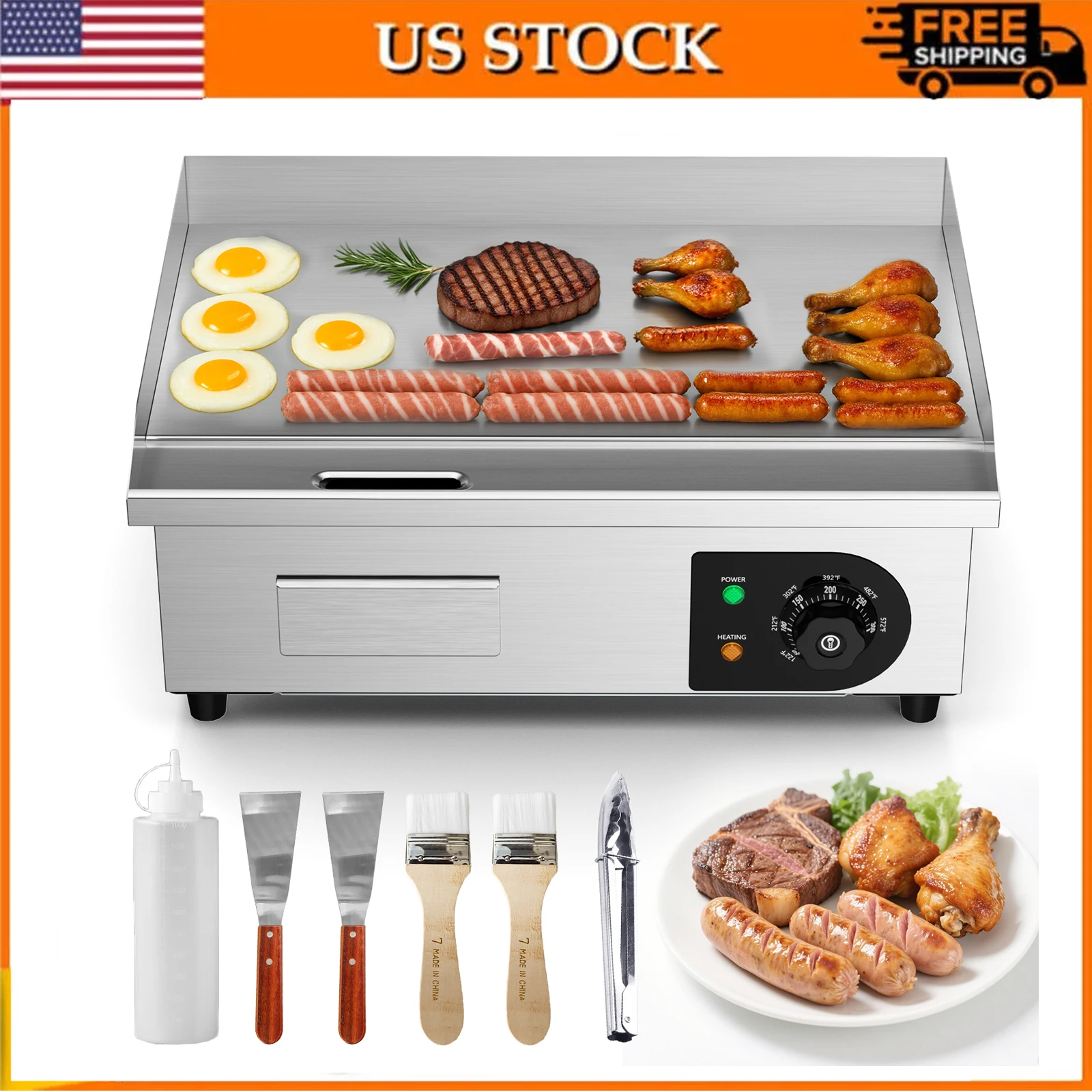 22-Zoll-Elektro-Arbeitsplatte mit flacher Oberseite, 1600 W, 110 V, antihaftbeschichtet, für gewerbliche Restaurants, Teppanyaki-Grill, Edelstahl-Temperaturkontrolle