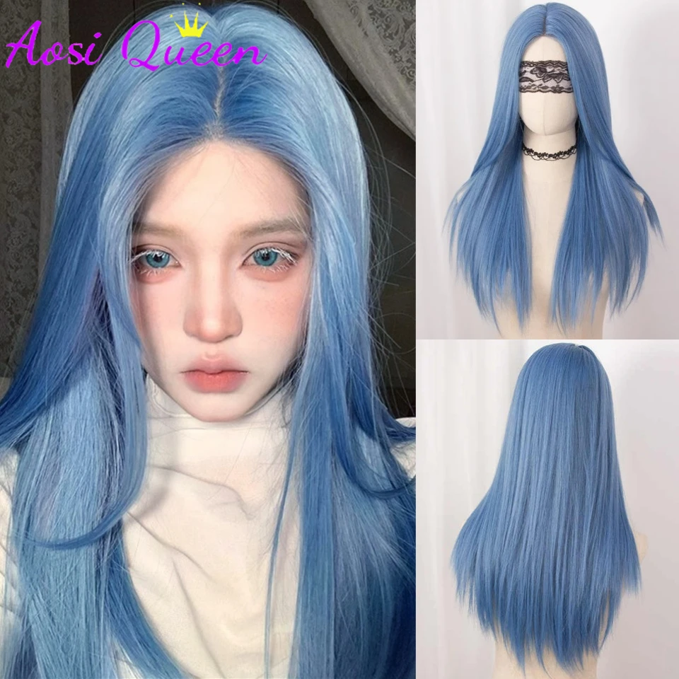 

Blue Wig Women Long Straight Forehead Lace Natural Synthetic Lace Wig Suitable for Role Playing Daily Use Heat Resistant Wig