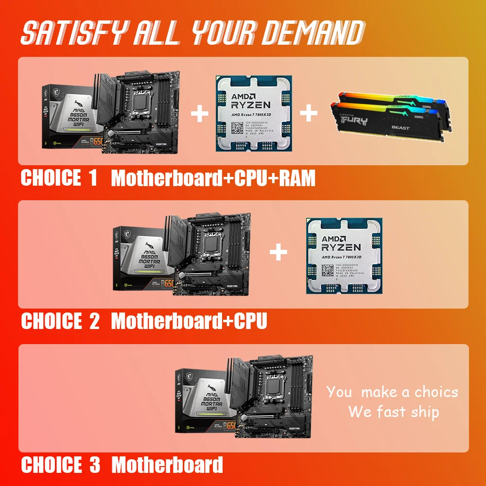 Комбинированная Материнская плата MSI MAG B650M, с WIFI DDR5, AM5 с AMD Ryzen 7 7800X3D, комплект процессора Fury 5200 МГц DDR5 16 Гб x2 RGB память HDMI DP USB поддерживает видеокарты NVIDIA AMD для настольных ПК Gamer