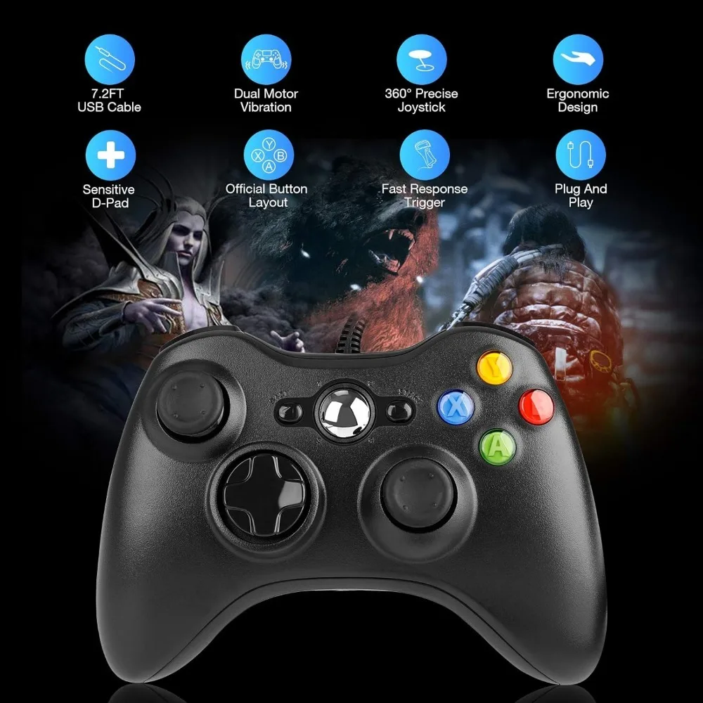 Xbox 360 Controller USB Wired Remote Gamepad PC Gaming Control Windows 7/8/10/11 Joystick Video Game Console Accessories Joypad