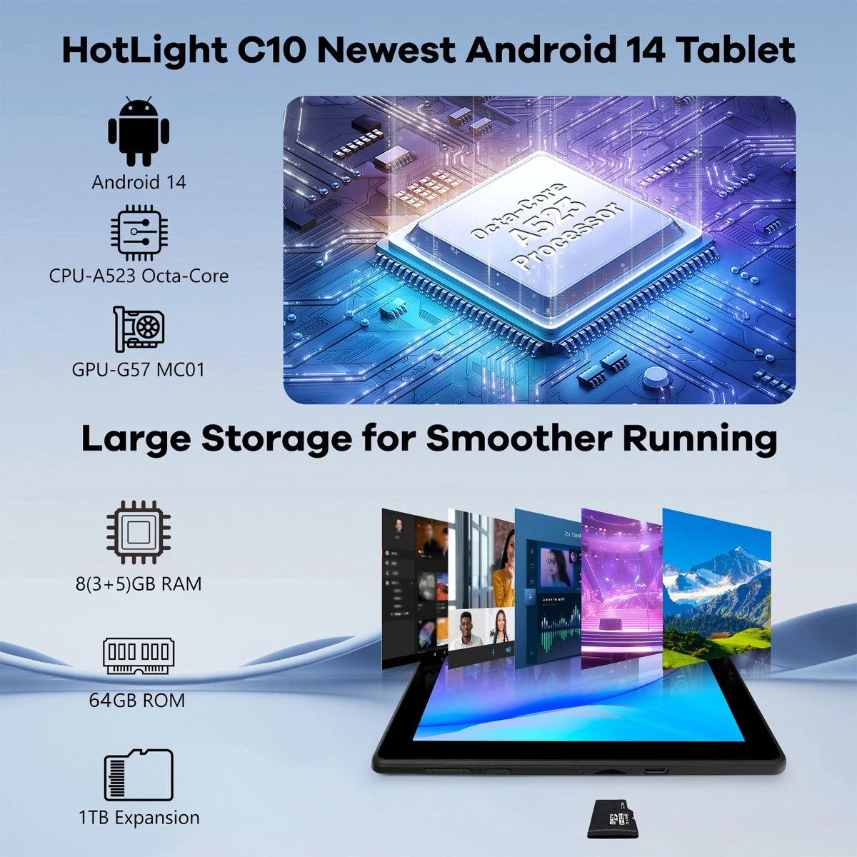 Android 14 8GB RAM + 64GB ROM (توسيع إلى 1 تيرابايت) تابلت ثماني النواة 10 بوصة مع بلوتوث 5.3 WiFi 6 Widevine L1 كاميرا مزدوجة 5MP + 8MP