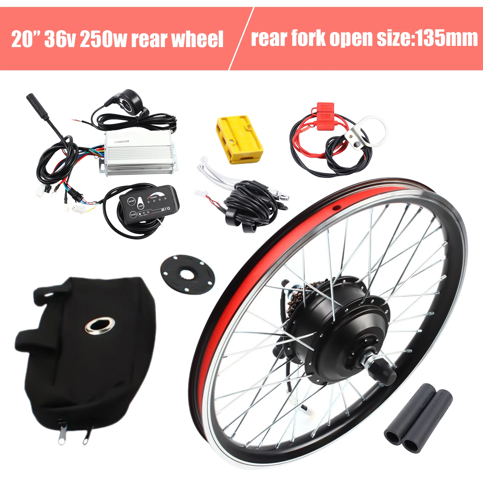 20 inch LED Rear Wheel Motor Hub Electric Bicycle E-Bike Conversion Kit 36V 250W Waterproof Wire For Both V Brake and Disc Brake