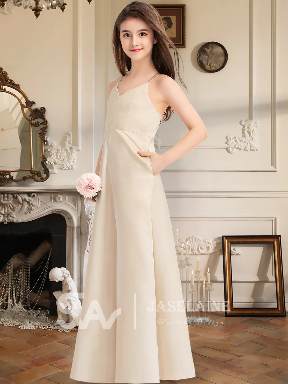 Роскошное атласное платье подружки невесты с v-образным вырезом длиной до пола, трапециевидной формы с перекрещивающимися бретелями и карманами, платье с цветочным узором для девочек, официальное платье для девочек