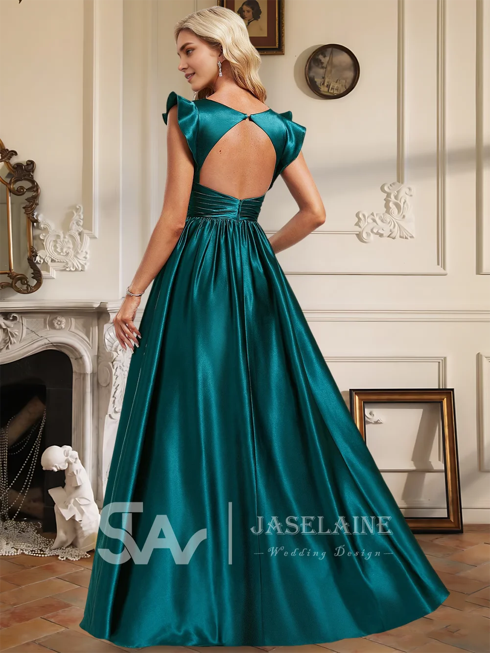 

B Women A-Line Stretch Satin Bridesmaid Dresses Floor-Length V-Neck Sleeveless Ruffle Wedding Evening Party Cocktail Dress Women