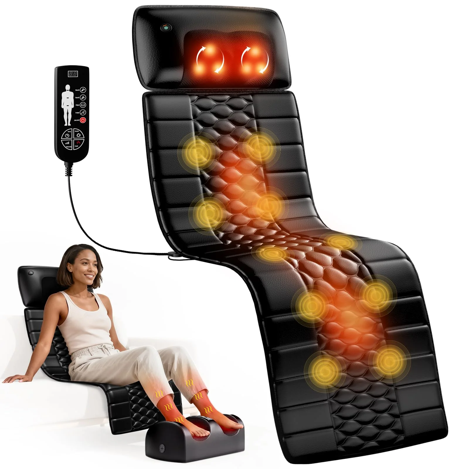 Shiatsu Full Body Massage Mat with Detachable Neck Massager, 10 Motors Vibrating Heating Pad for Deep Back Pain Relief, Muscle Relaxation Massage Pad for Recliner Chair Bed Sofa, Post-Workout At-Home Spa Essential