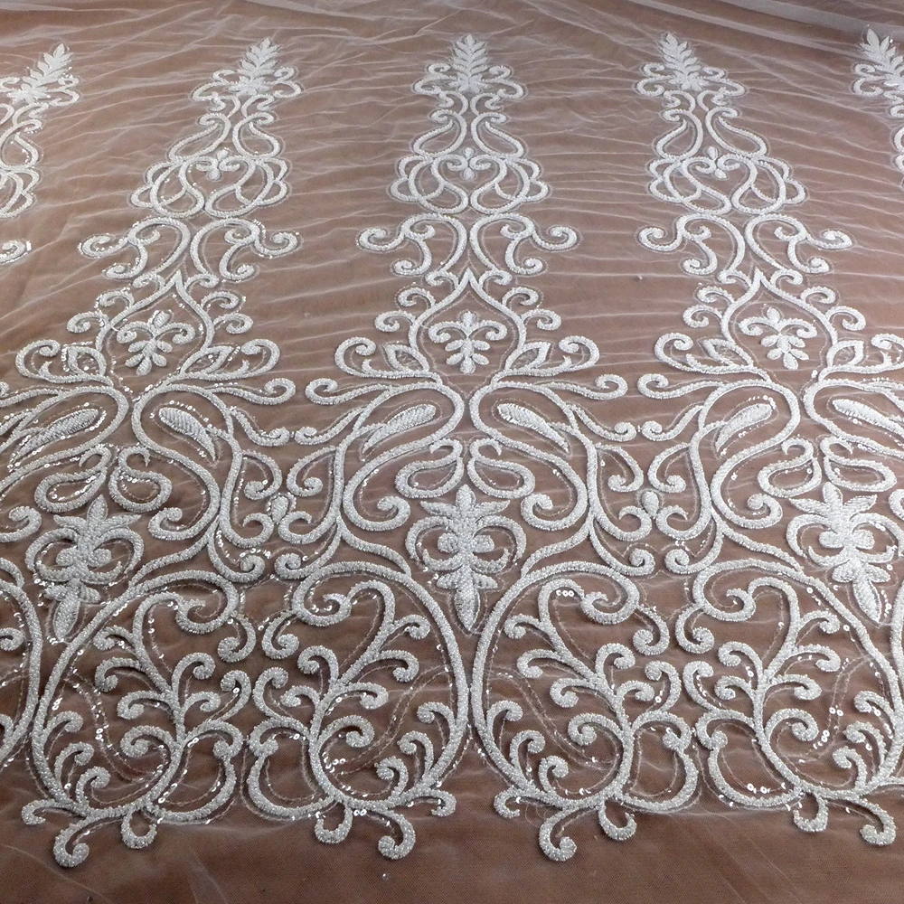 

HelluyerDC Off-white, Silver heavy beading lace fabric,One Side patterns lace for fashion,wedding,evening,dance gown by the yard